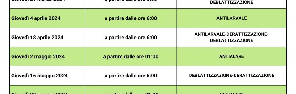 CALENDARIO INTERVENTI DI SANIFICAZIONE AMBIENTALE 2024 SALICE SALENTINO